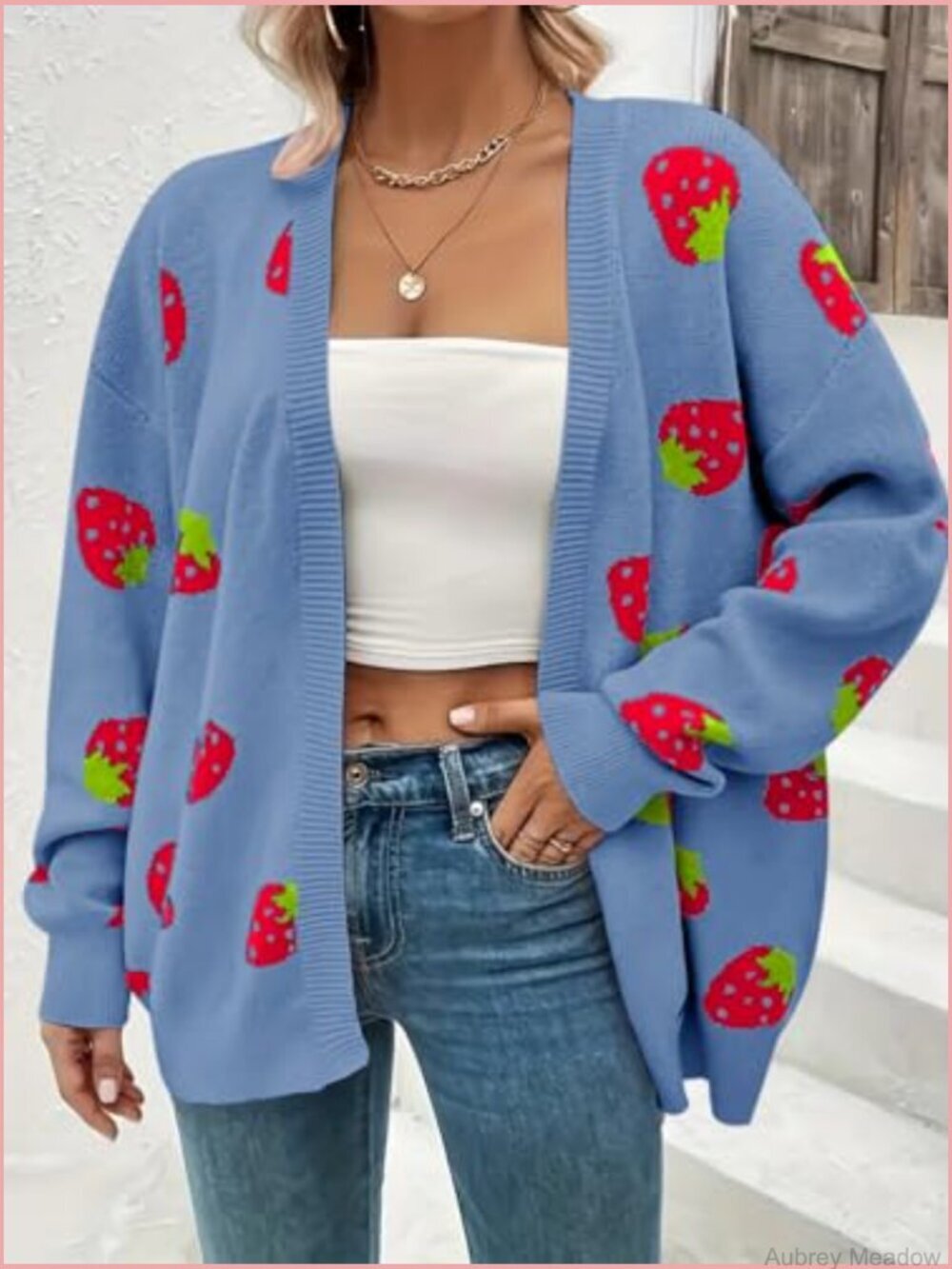 Plus Size Strawberry Floral Print Open Front Knit Cardigan Sweater - Picture 3 of 5